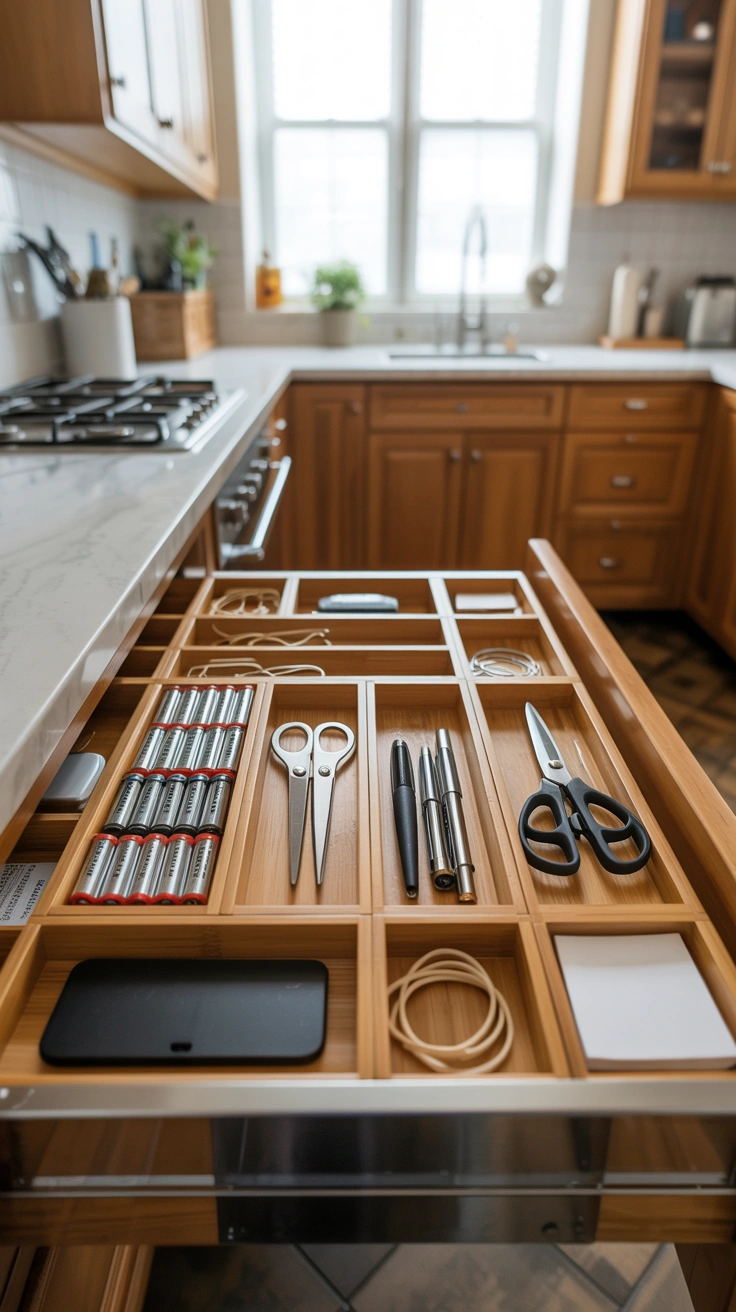 organized kitchen junk drawer with divided compartments