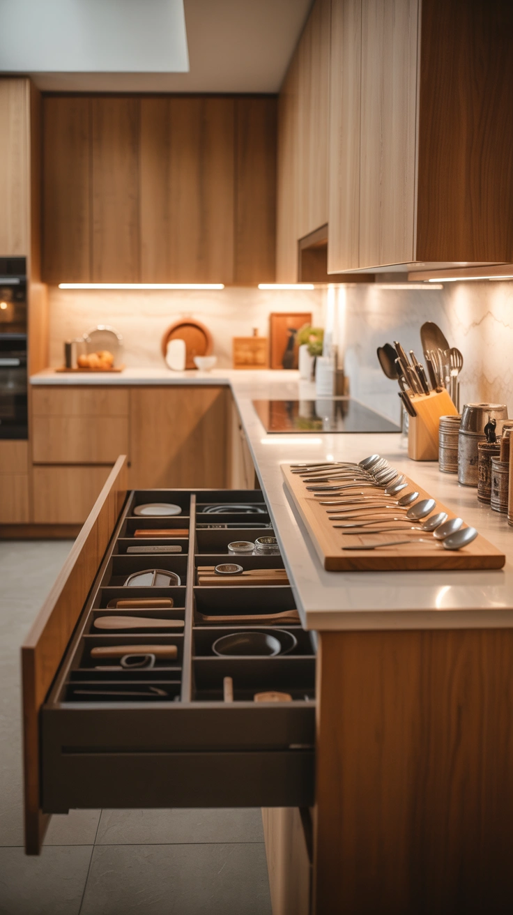 organized kitchen with empty drawer ready for sorting