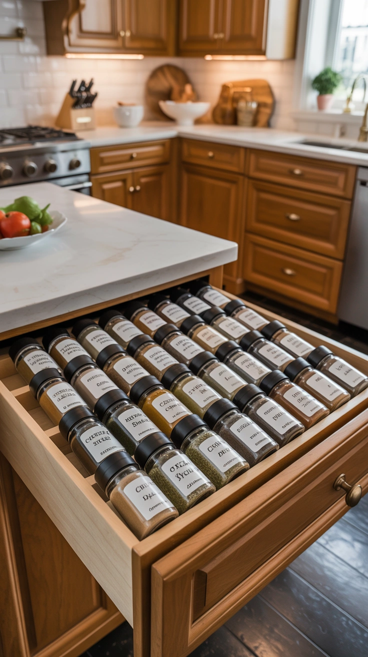 organized spice drawer with labeled jars facing upward
