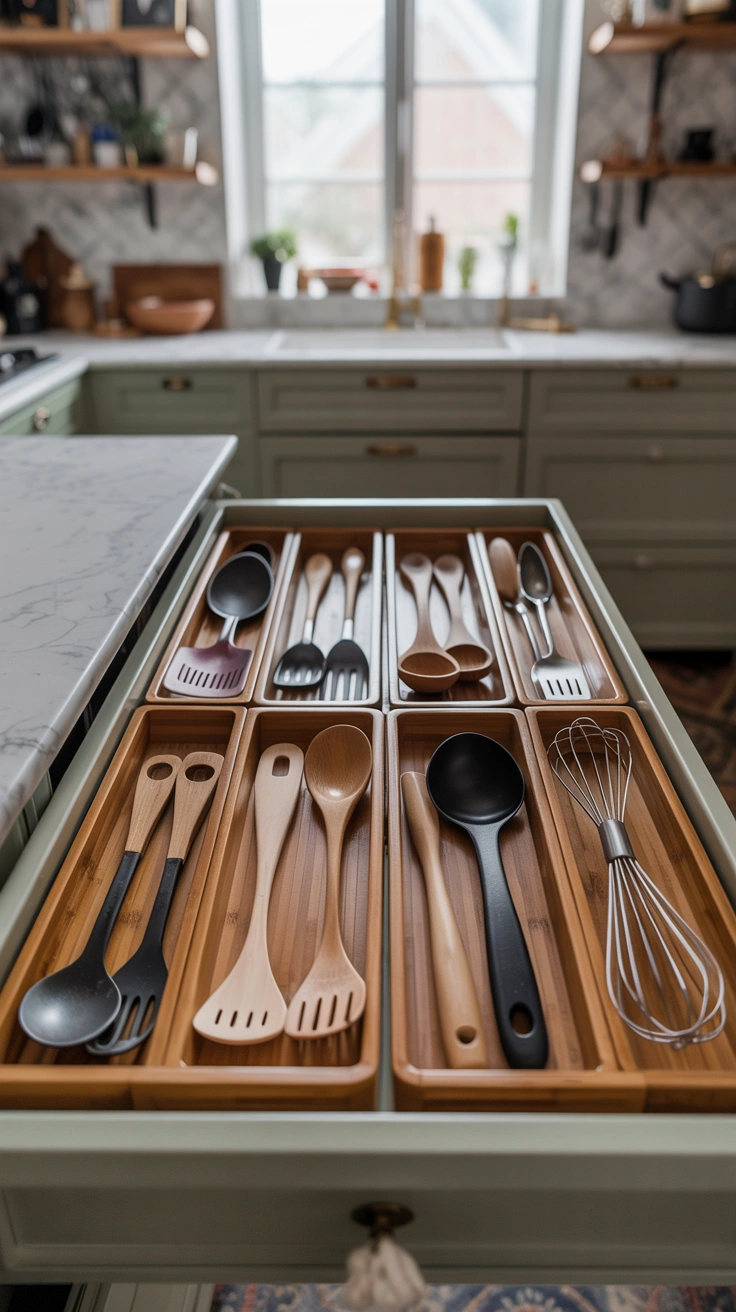 organized utensil drawer with neatly spaced cooking tools
