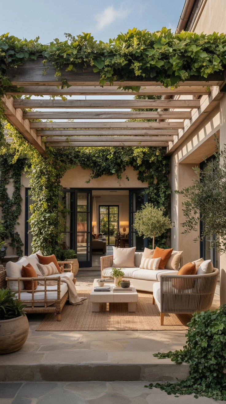 outdoor lounge beneath a wooden pergola with comfortable seating