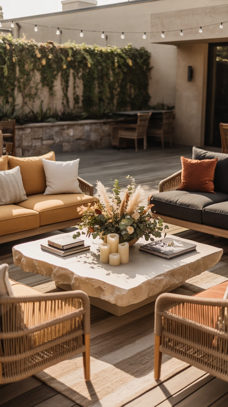 outdoor seating arranged around a large stone coffee table