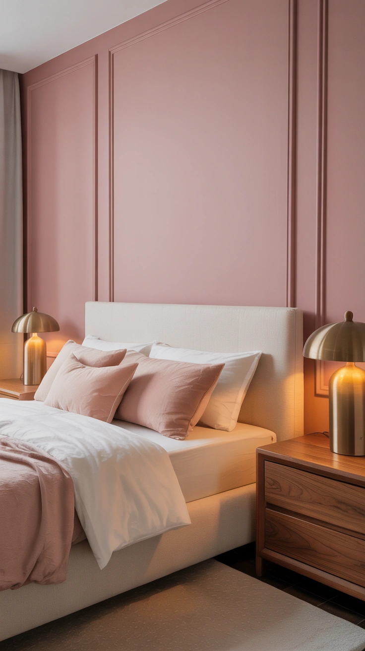 pastel pink bedroom with layered textures and elegant furnishings