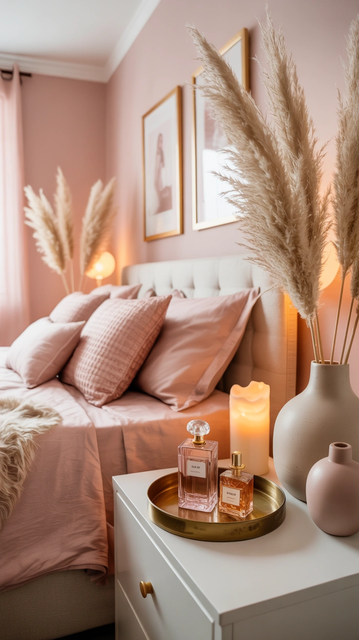 pastel pink bedroom with layered textures and elegant furnishings