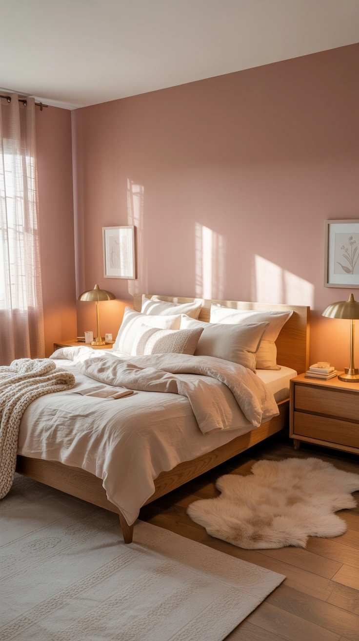 pastel pink bedroom with layered textures and elegant furnishings