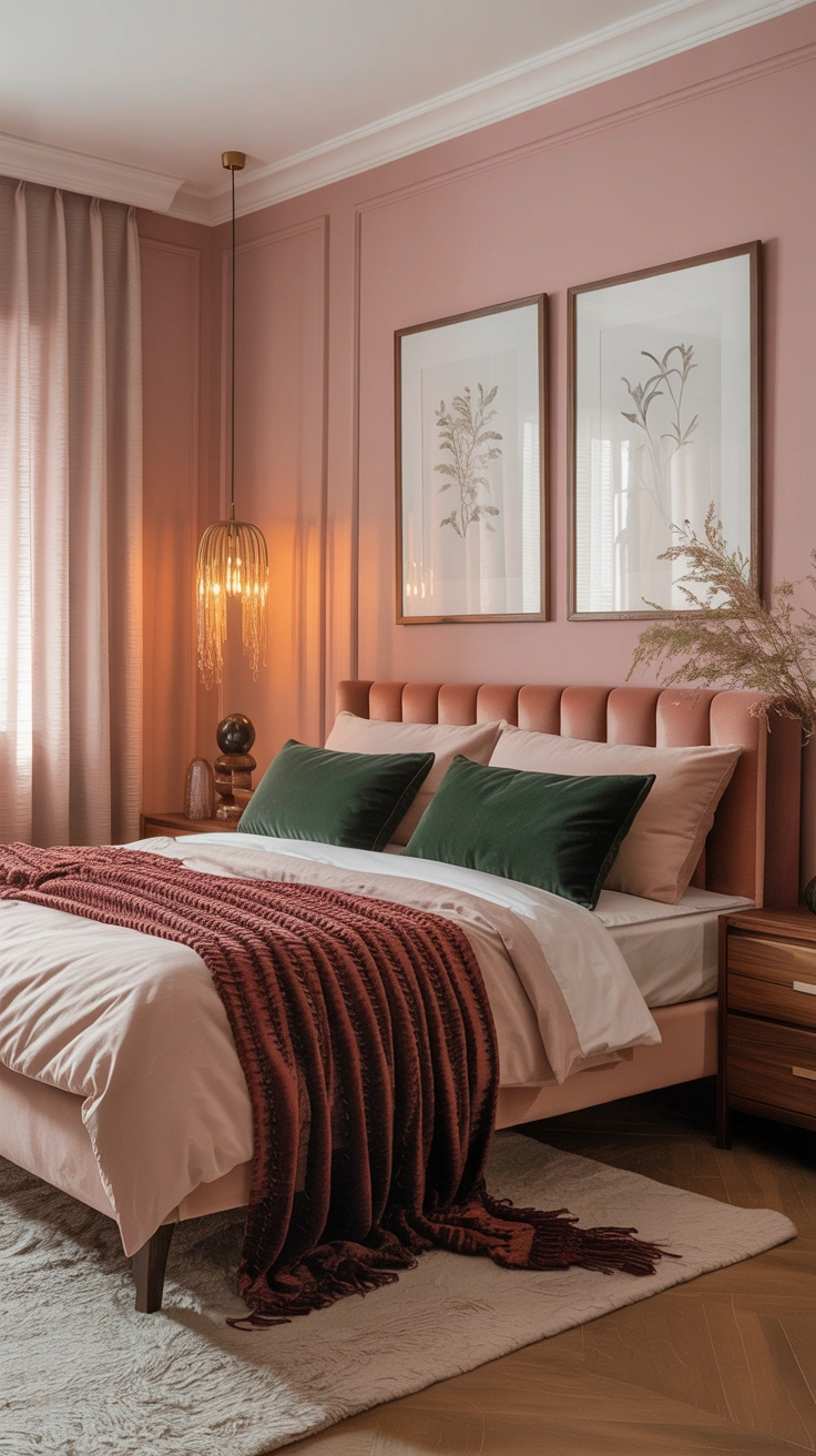 pastel pink bedroom with layered textures and elegant furnishings