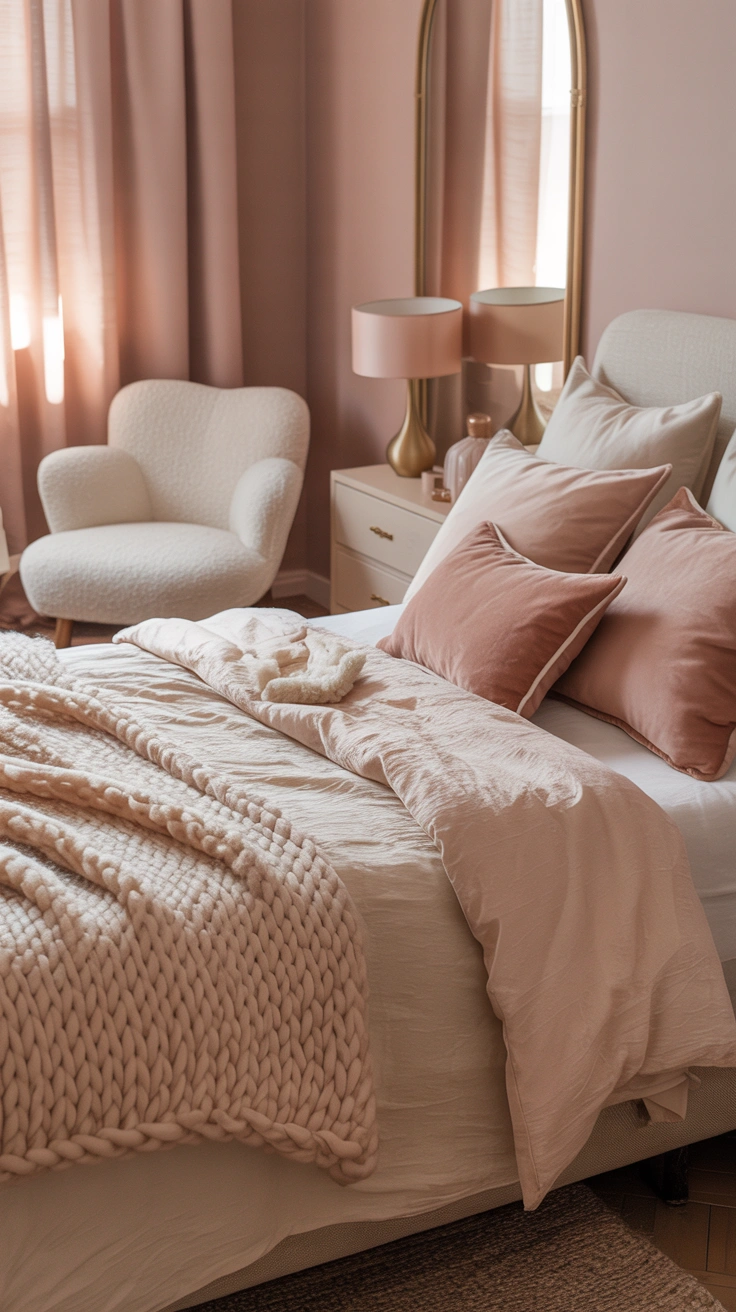 pastel pink bedroom with layered textures and elegant furnishings