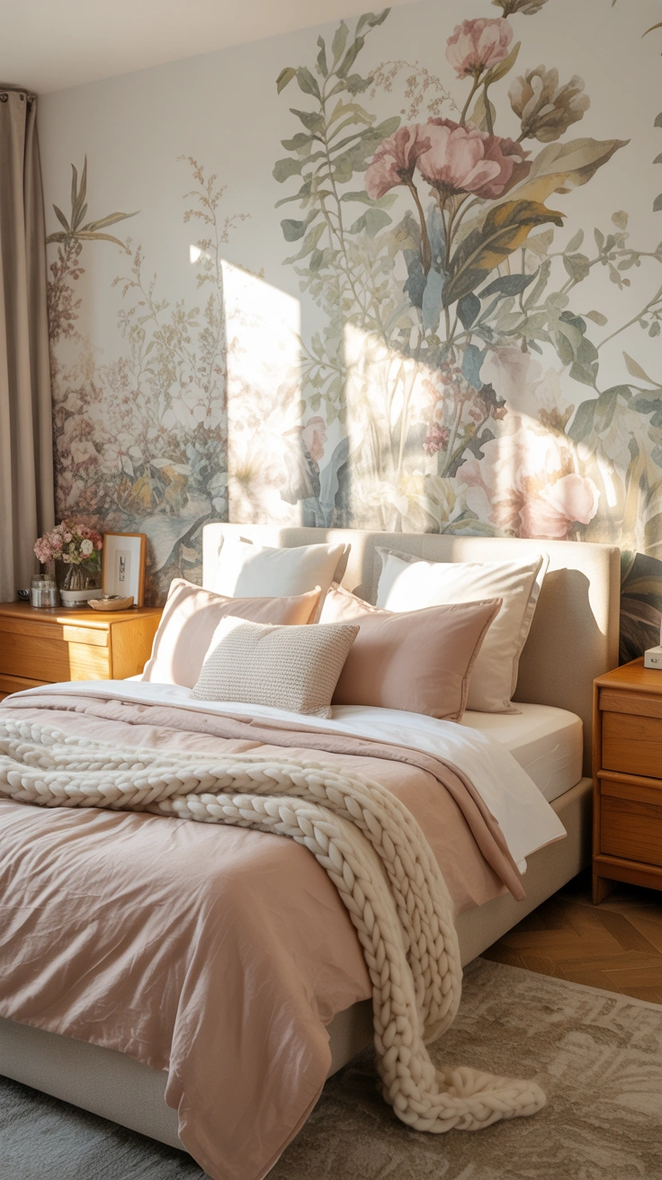 pastel pink bedroom with layered textures and elegant furnishings
