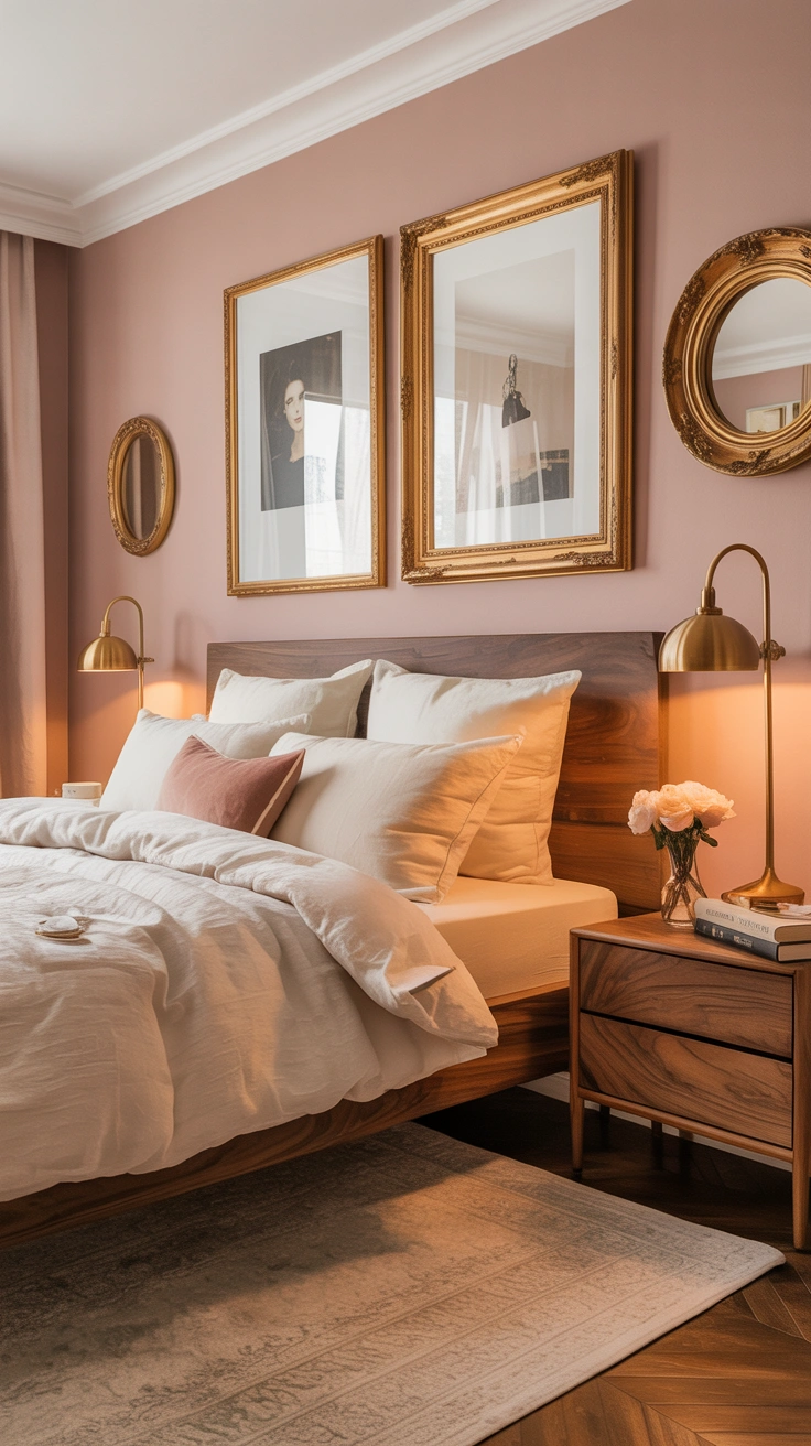 pastel pink bedroom with layered textures and elegant furnishings