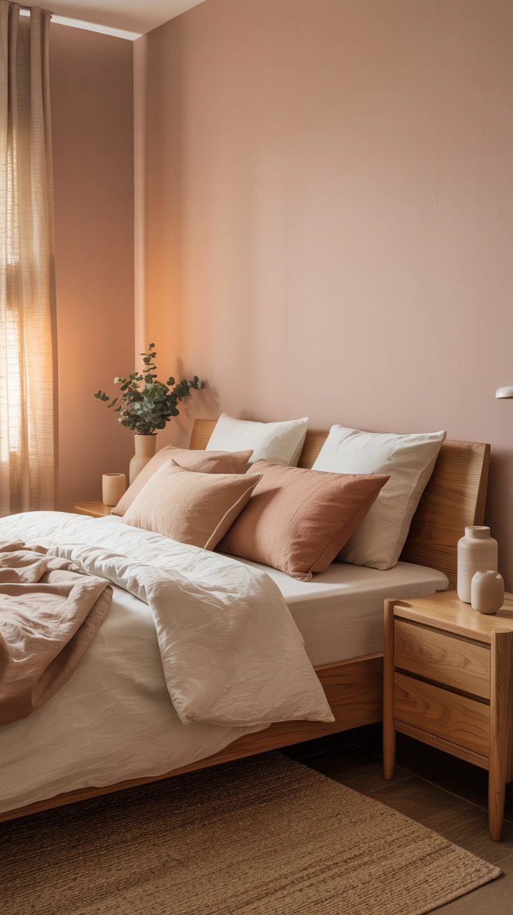 pastel pink bedroom with layered textures and elegant furnishings