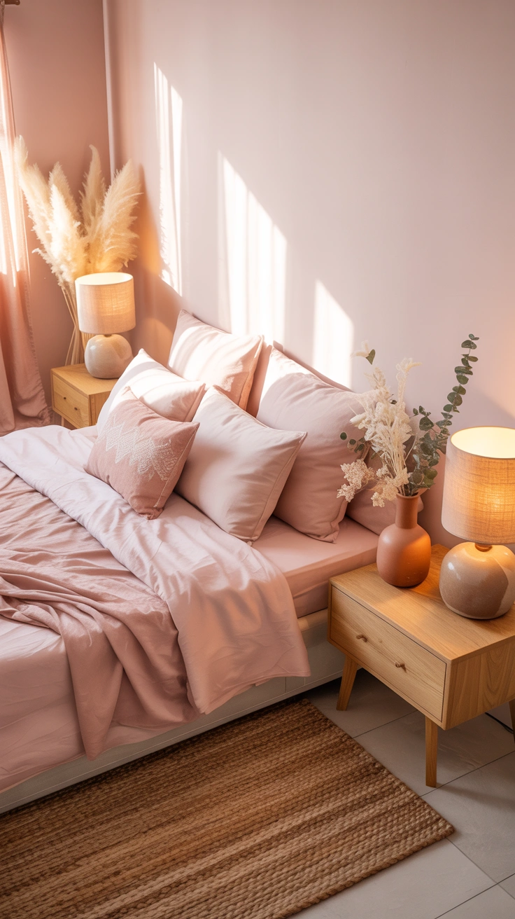 pastel pink bedroom with layered textures and elegant furnishings