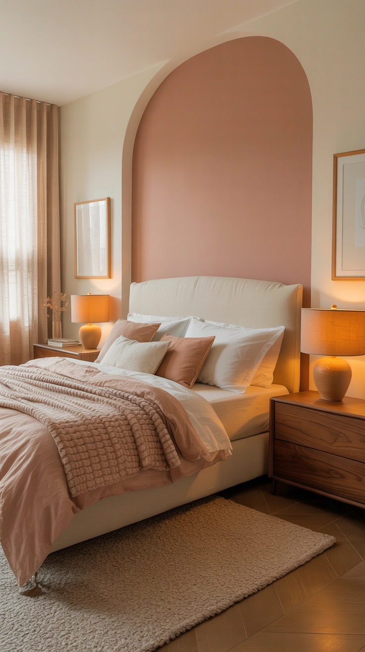 pastel pink bedroom with layered textures and elegant furnishings