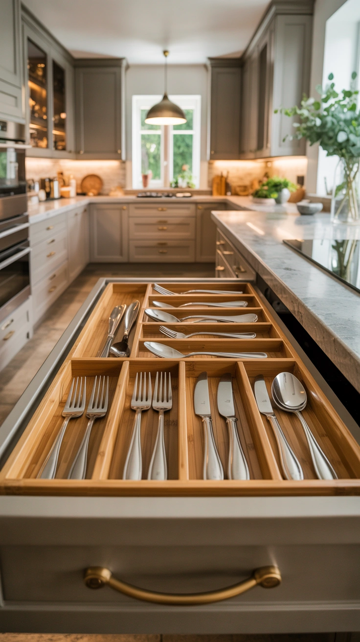 perfectly organized cutlery drawer with bamboo tray