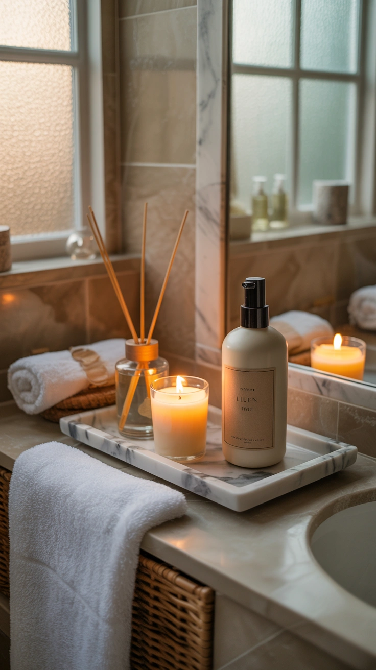 spa-inspired bathroom with candles and reed diffusers on a marble tray