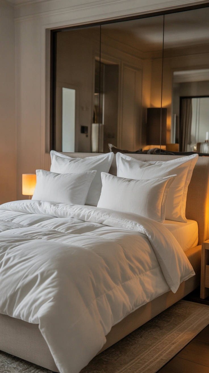 symmetrical pillow arrangement on a luxury hotel bed