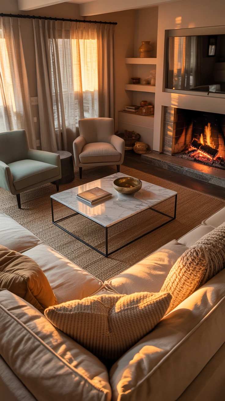 u shaped furniture layout centered around a fireplace