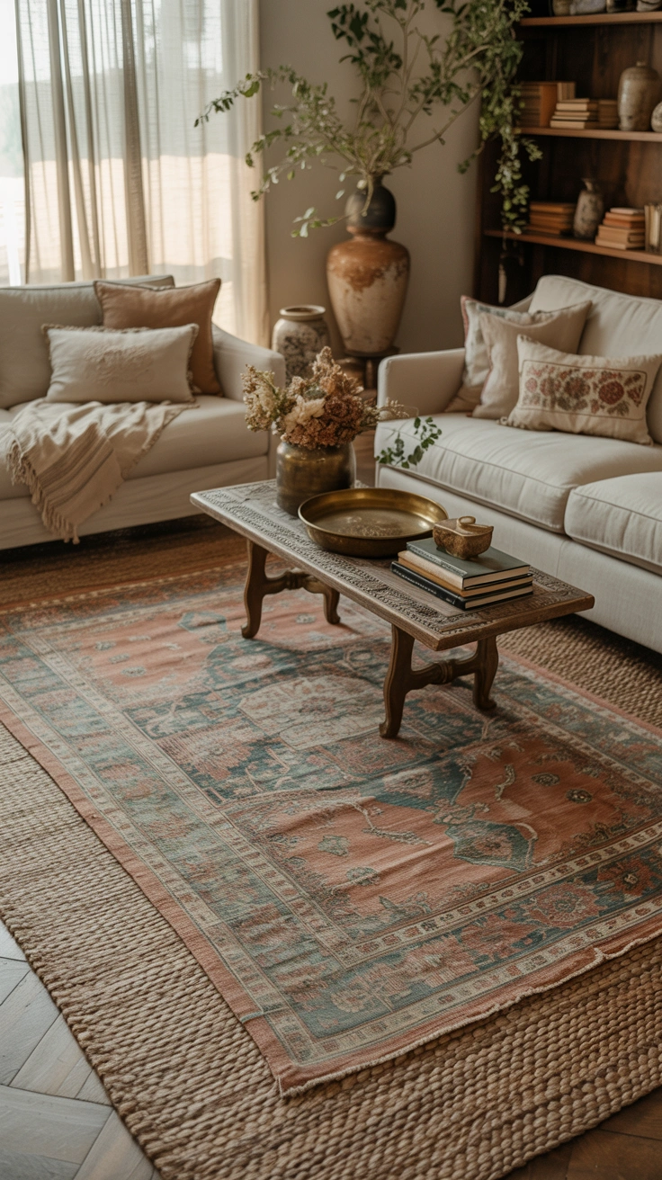 vintage Persian rug layered over a natural woven rug