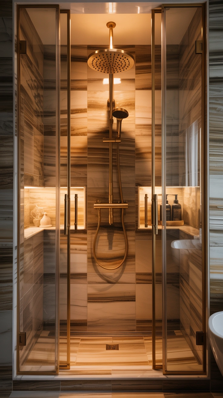 walk-in shower with an oversized rainfall showerhead and stone walls