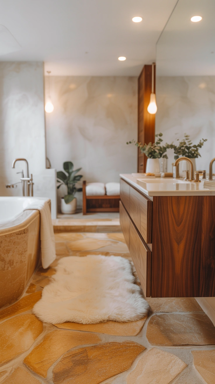 warm spa-like bathroom with stone flooring and a soft bath rug