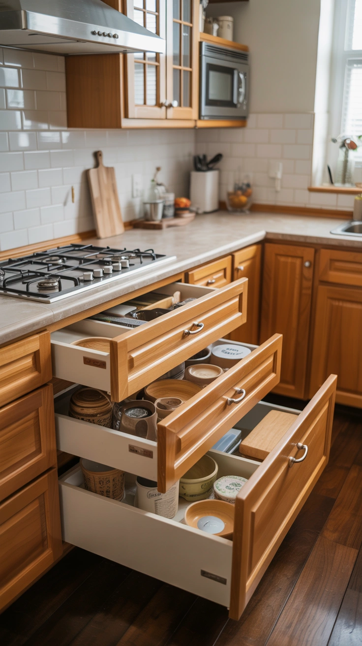 well-maintained organized kitchen drawers with everything in place