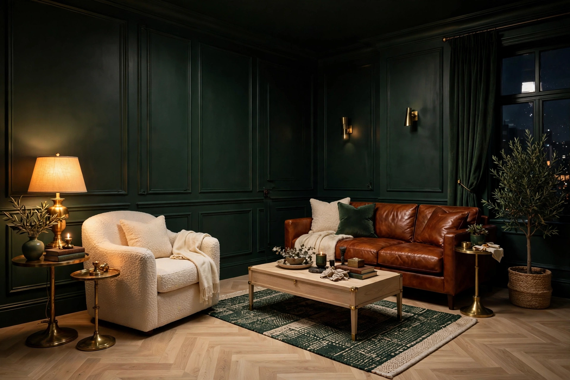 High-contrast moody living room with forest green walls and a cream boucle armchair, cognac leather sofa, pale oak floors, balanced light, full room view