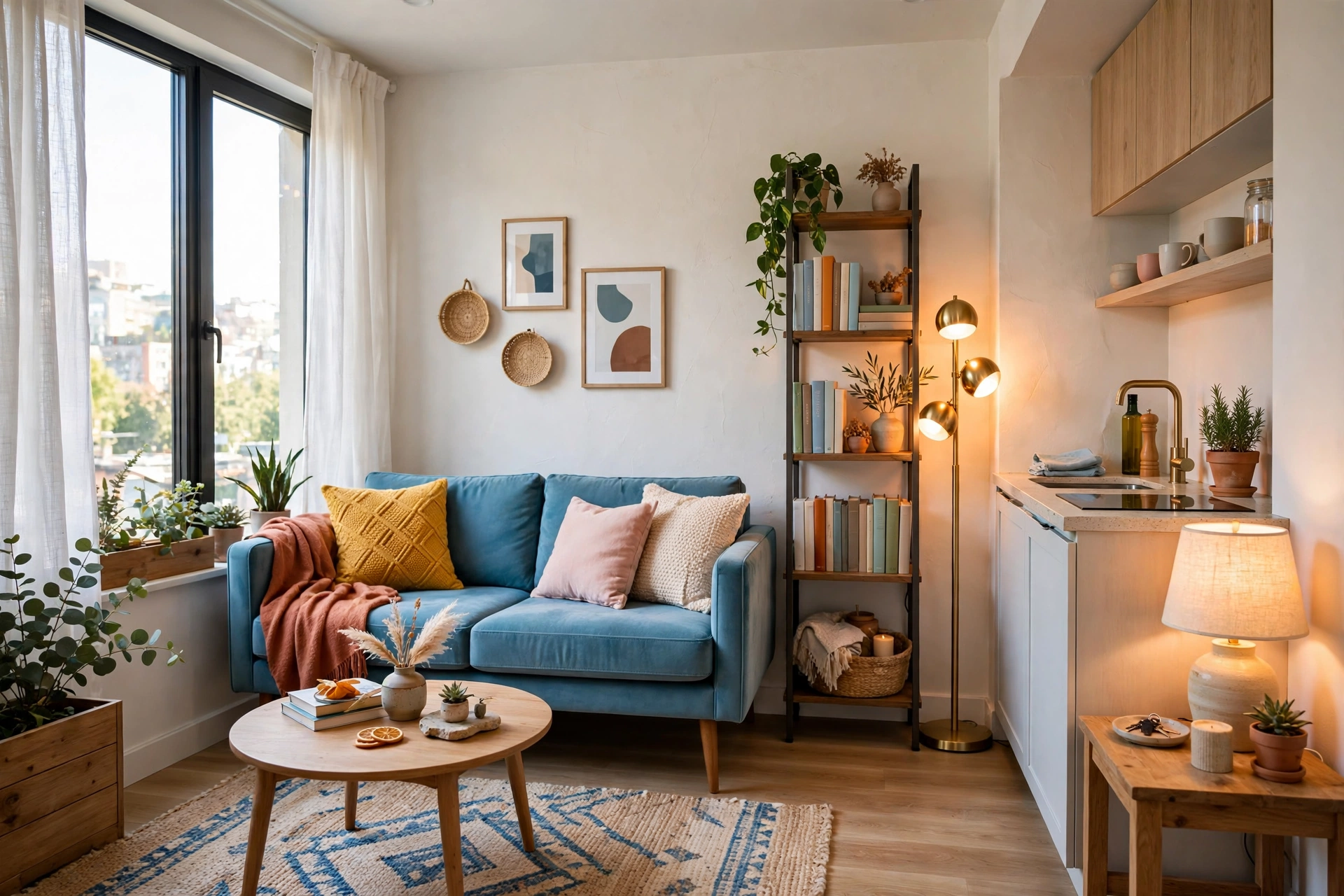 Bright beginner-friendly small studio apartment living room with full-size sofa, tall bookshelf and warm layered lighting