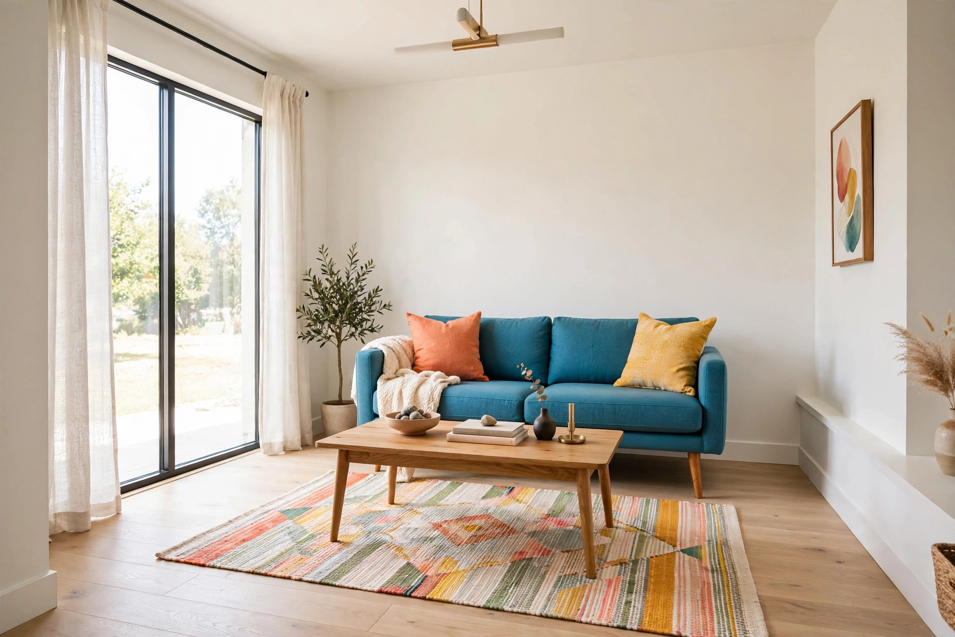 Bright small living room anchored by one full-size sofa on tall legs with clean sightlines