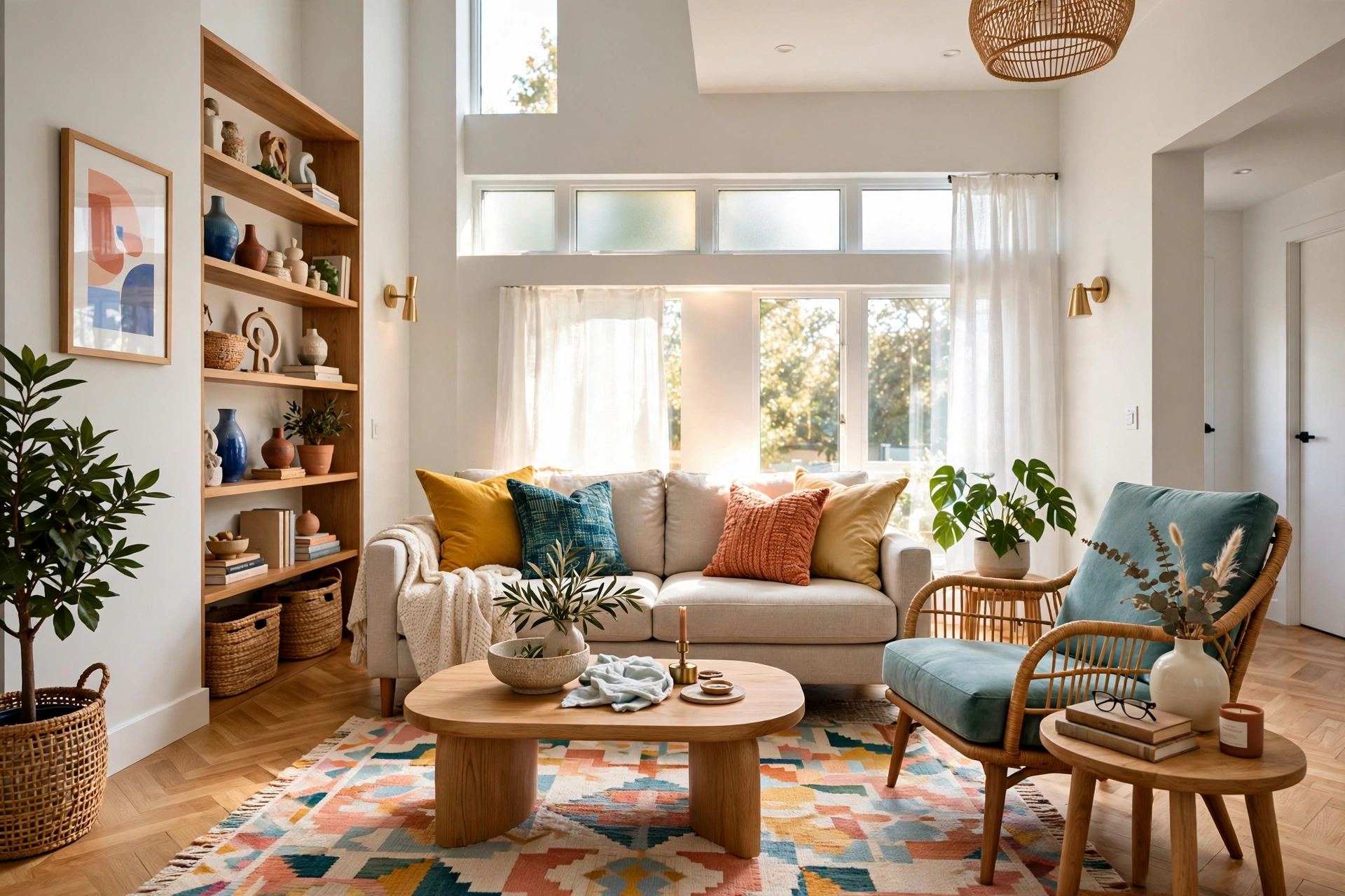 Bright compact living room with sofa pulled off the wall and visible breathing room behind it
