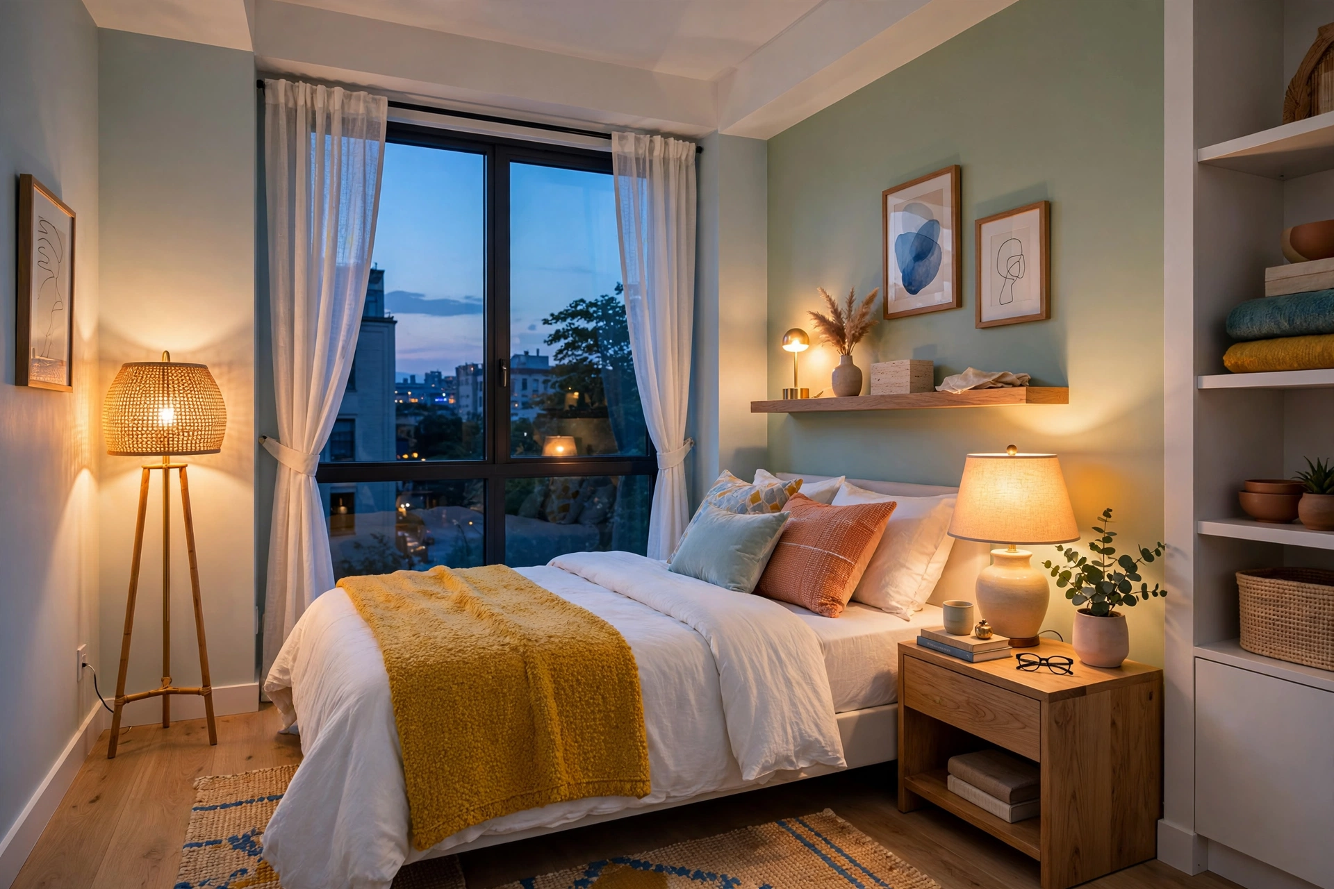Bright small bedroom with three layered light sources at different heights and warm bulbs