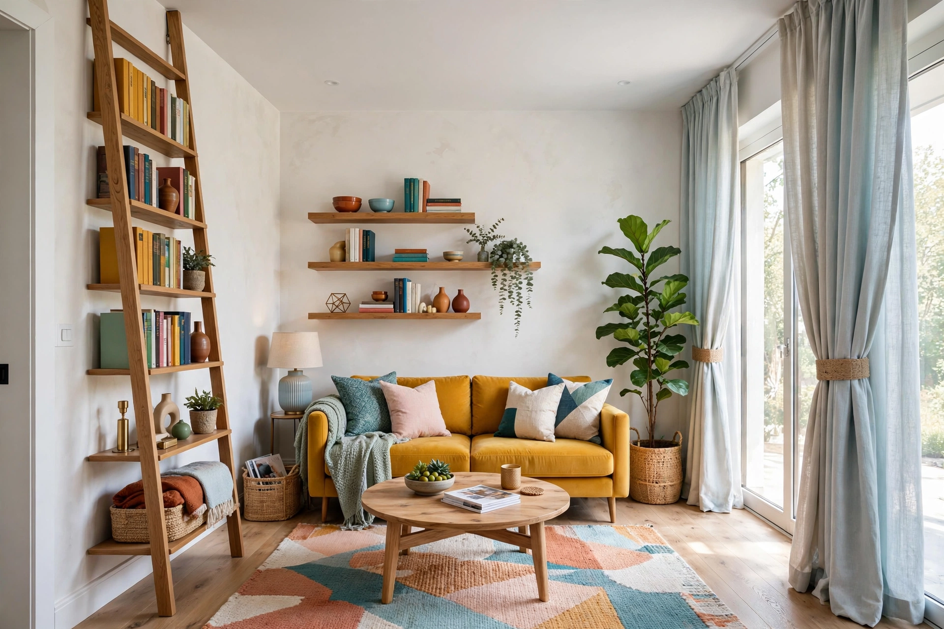 Bright small living room with floor-to-ceiling curtains and tall vertical bookshelf drawing the eye up