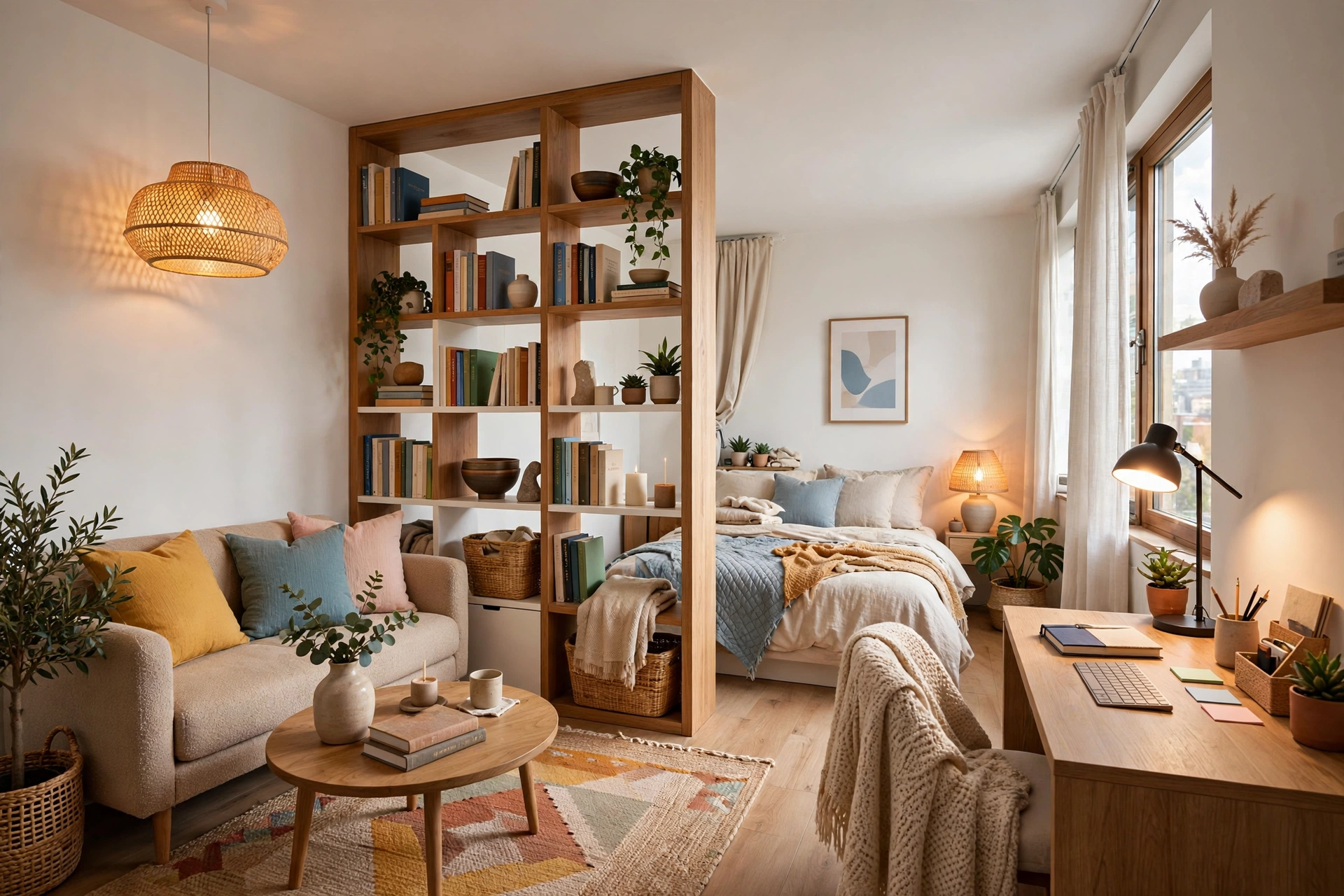 Bright small studio apartment with rug-defined lounge zone and open shelf room divider