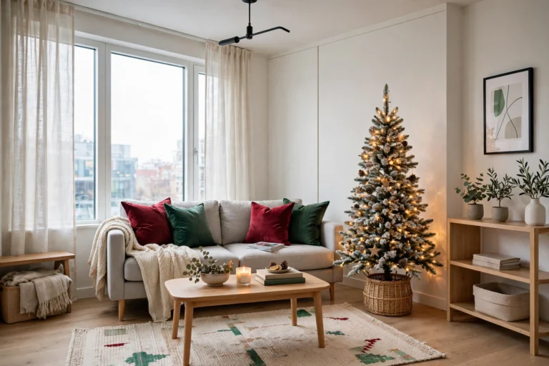 Bright small apartment living room styled for the holidays: slim flocked Christmas tree in a woven basket, cranberry and emerald pillow covers, warm fairy lights, no clutter