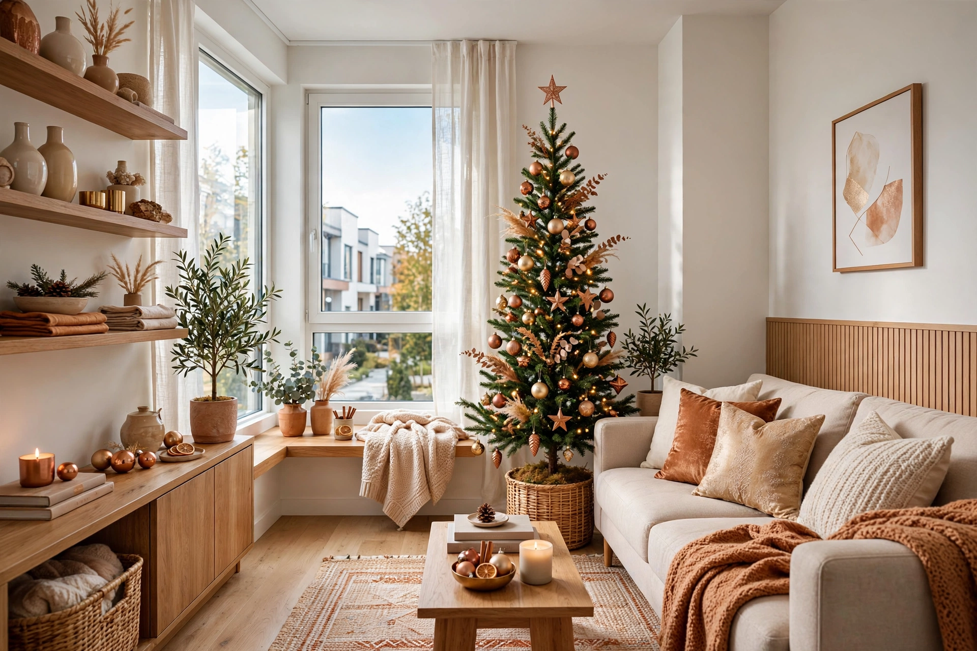Bright small living room corner with a slim pencil Christmas tree in a woven basket beside the sofa