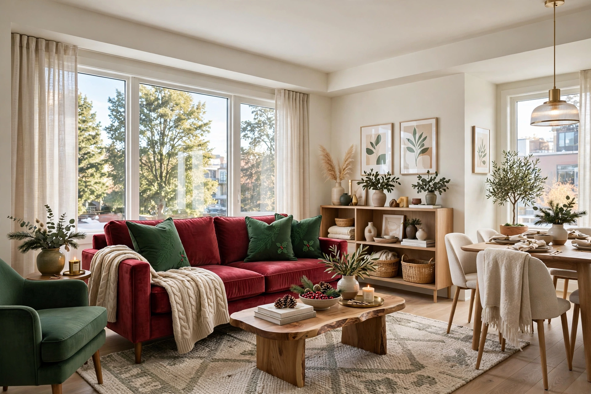 Cozy bright apartment sofa with cranberry velvet and forest green holiday pillow covers in warm light