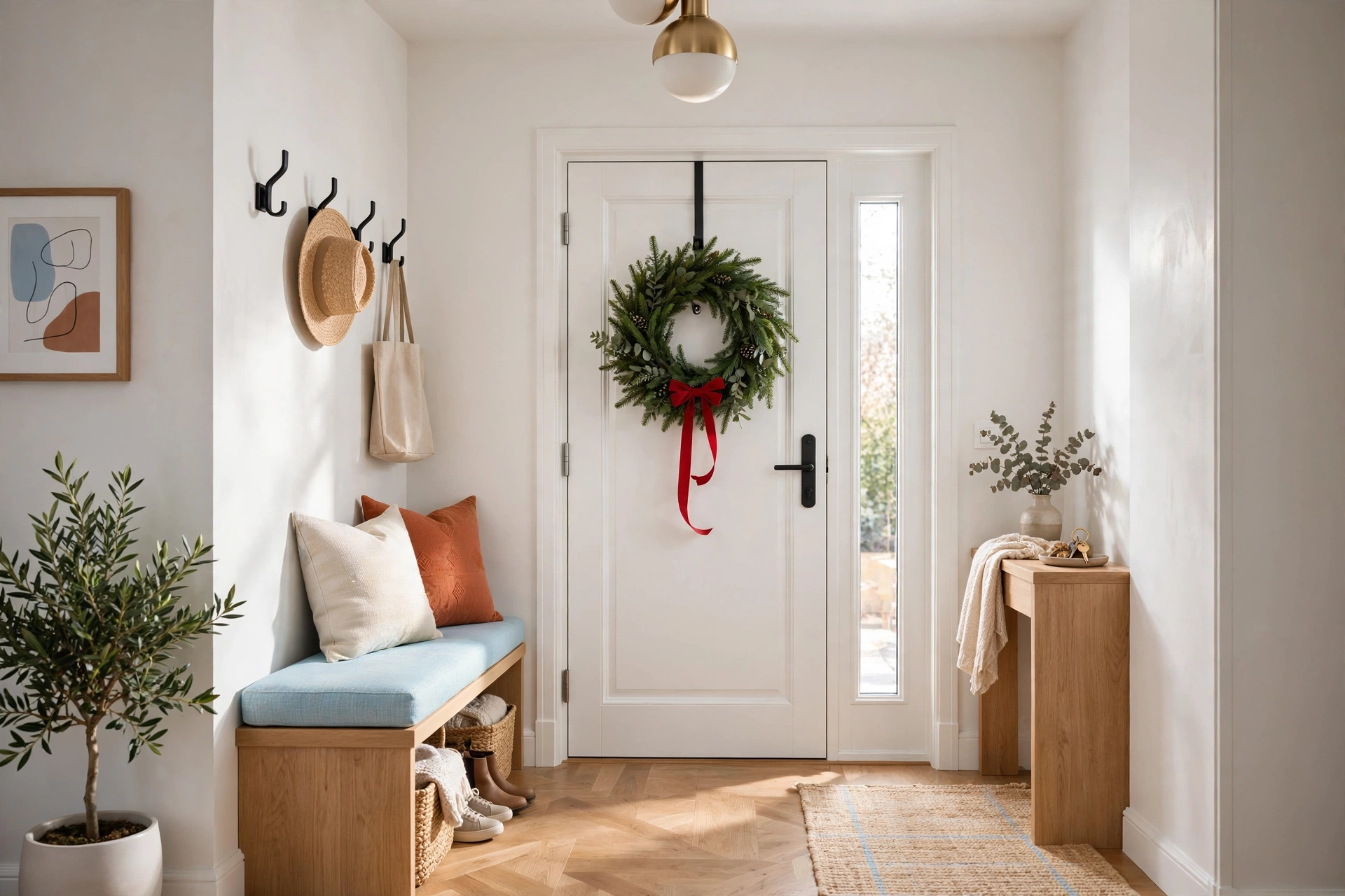 Apartment front door with a simple fresh evergreen holiday wreath hung on an over-the-door hook