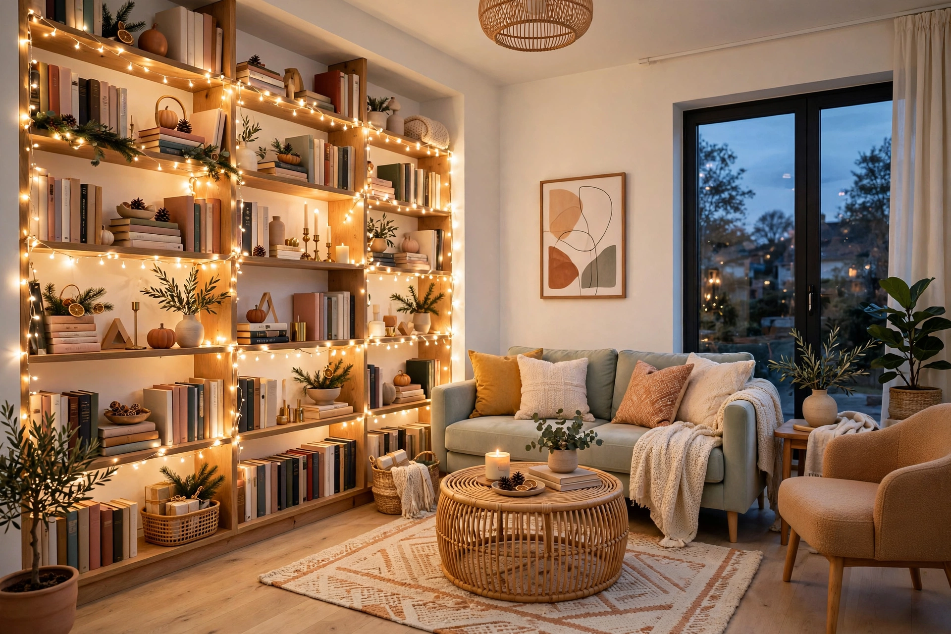 Bright small living room bookshelf draped with warm-white fairy lights glowing at dusk