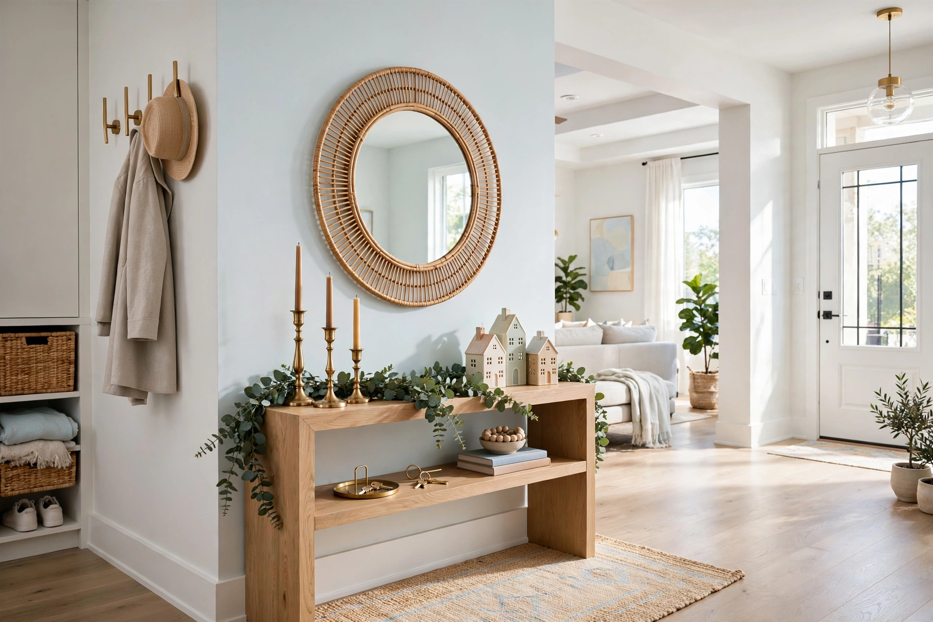 Styled entryway console shelf with a eucalyptus garland, brass candles and small ceramic holiday houses
