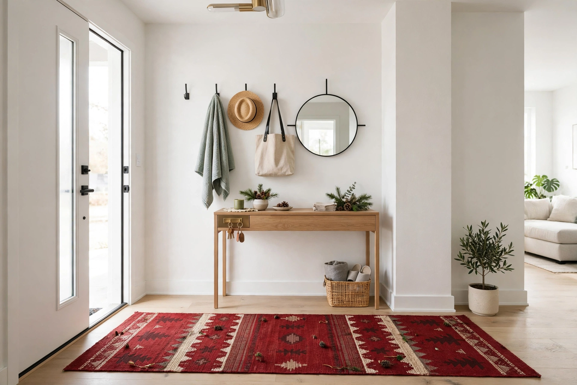 Small apartment entryway with a deep red flat-weave holiday runner rug and a slim console tray