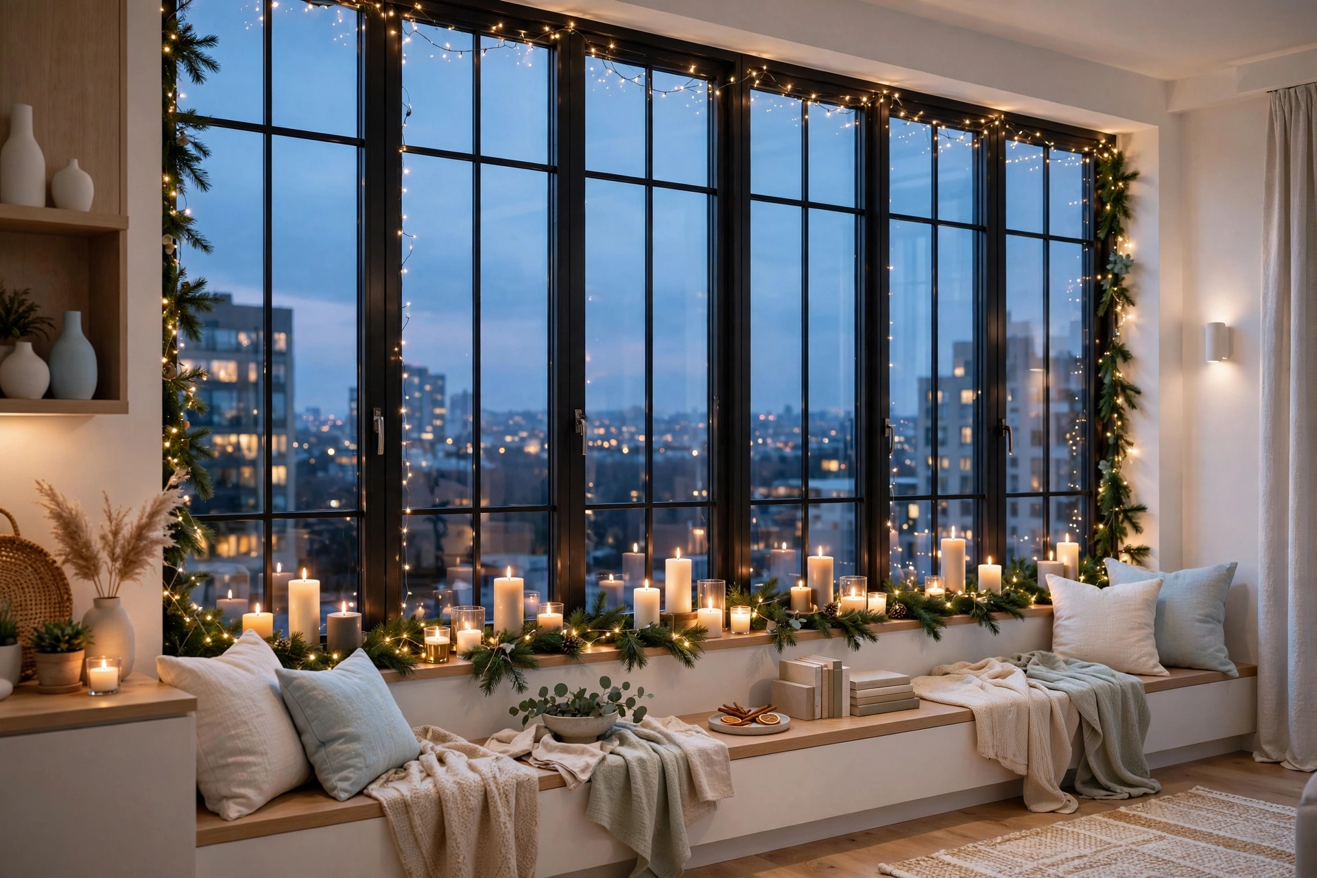 Bright apartment windowsill with mixed-height candles, a small pine garland and fairy lights in the window
