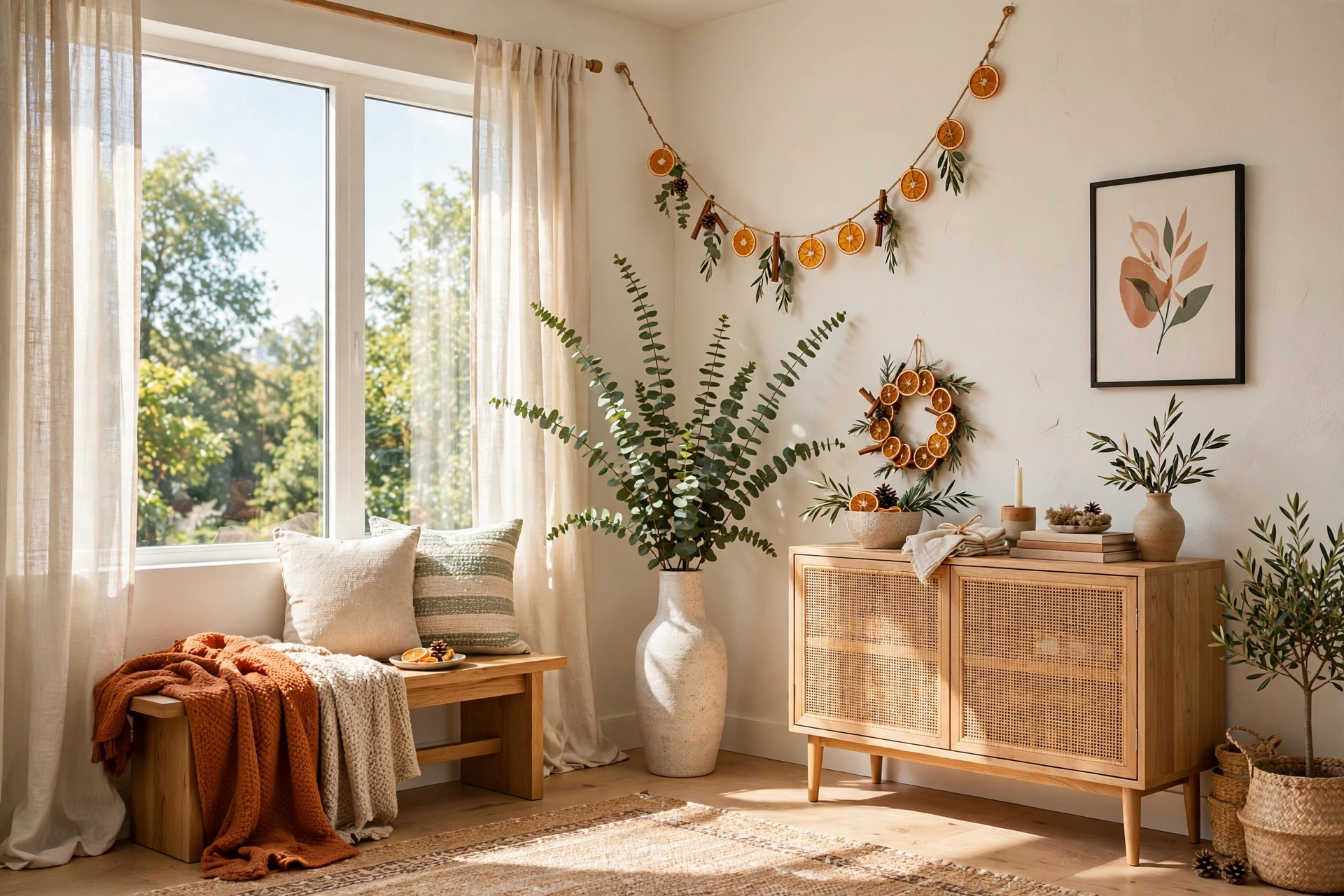 Sunlit apartment interior with a tall vase of fresh eucalyptus and a string of dried orange slices