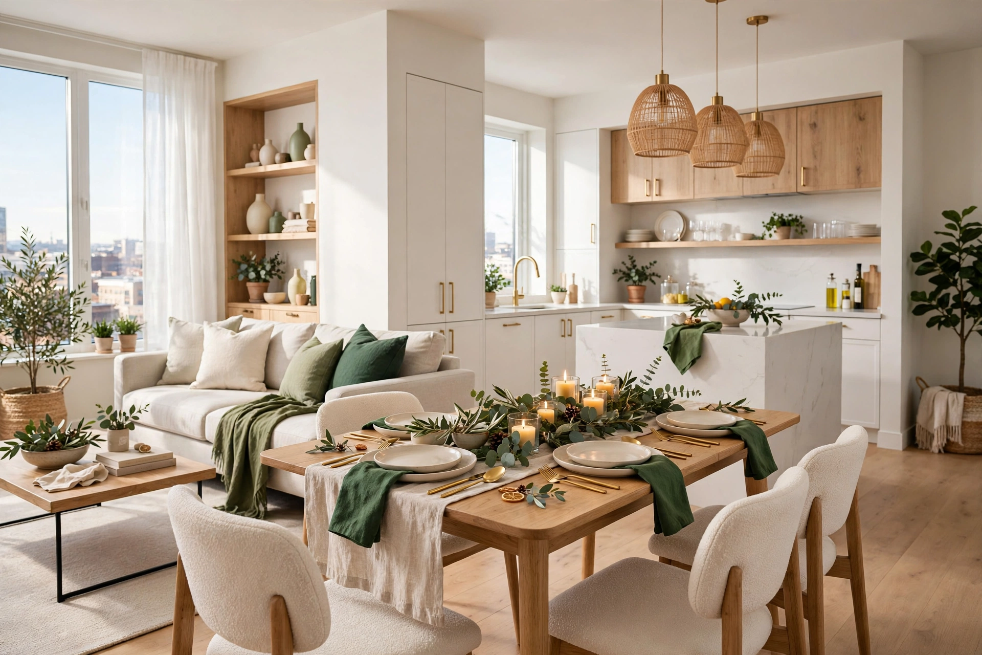 Small dining table with a simple holiday runner, low candle centerpiece and green cloth napkins