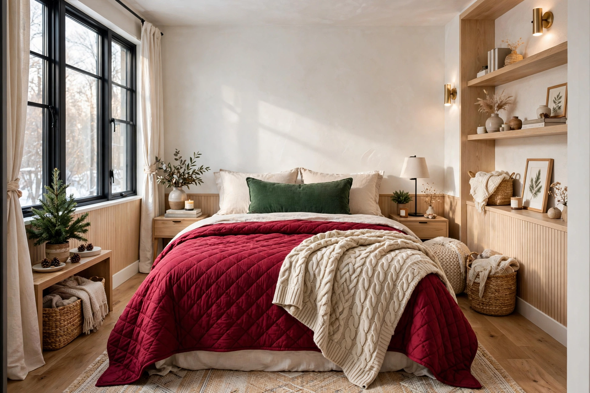 Cozy small bedroom with cranberry quilted coverlet, chunky knit holiday throw and green lumbar pillow