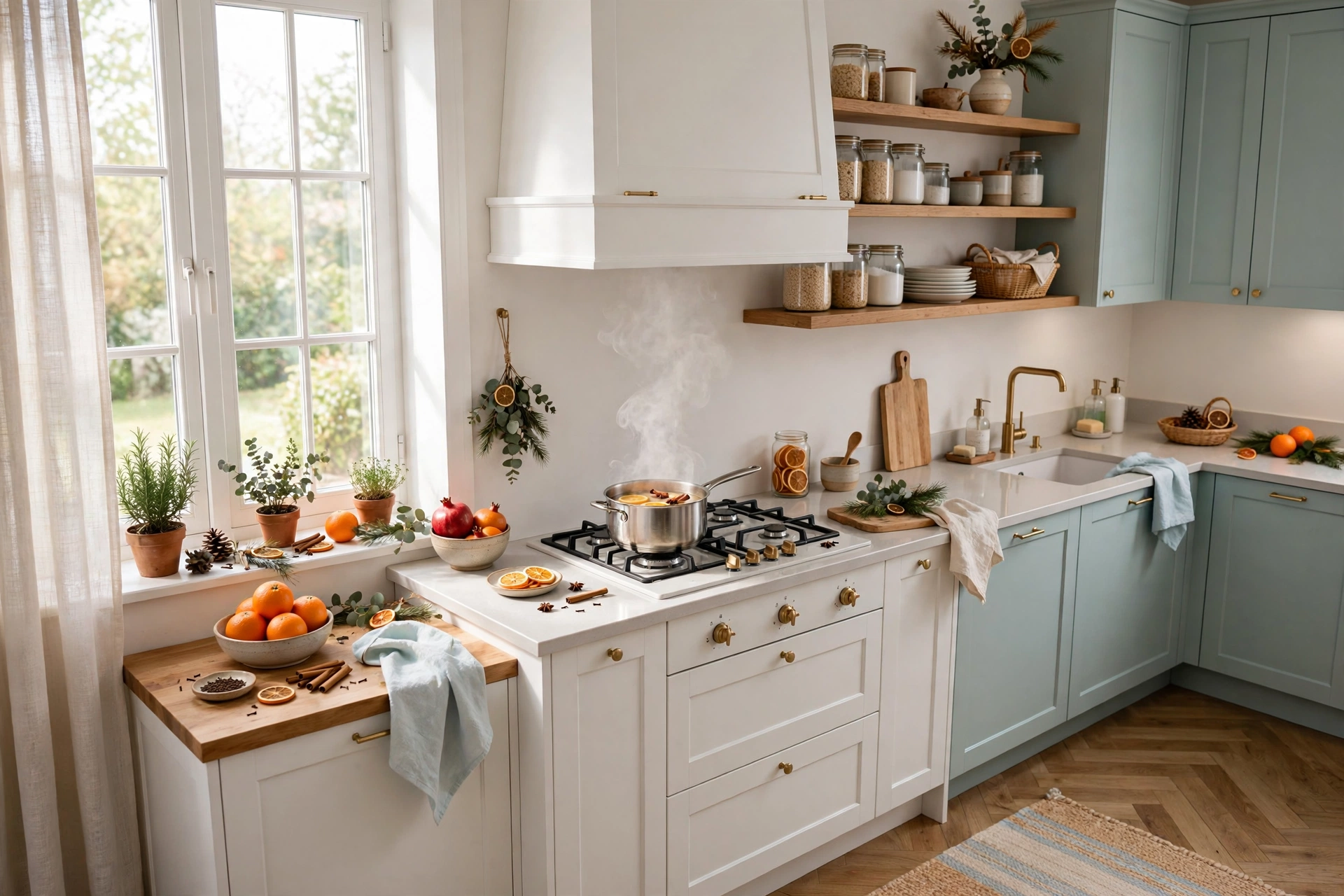 Bright small kitchen with a stovetop simmer pot of orange slices, cinnamon sticks and cloves