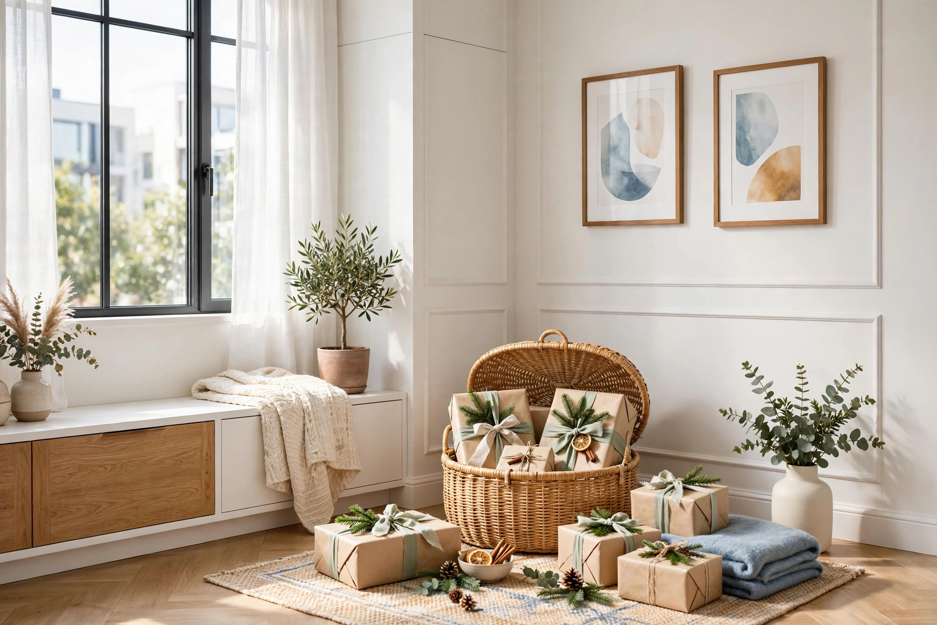 Neat apartment corner with a lidded basket gift staging zone of kraft-wrapped presents with evergreen sprigs
