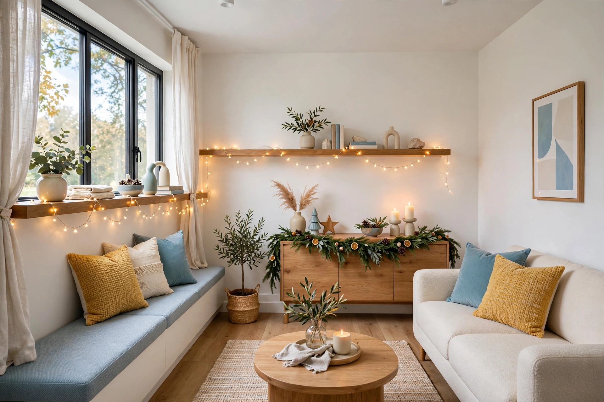 Bright tidy small living room with clear surfaces, one styled holiday vignette and warm string lights