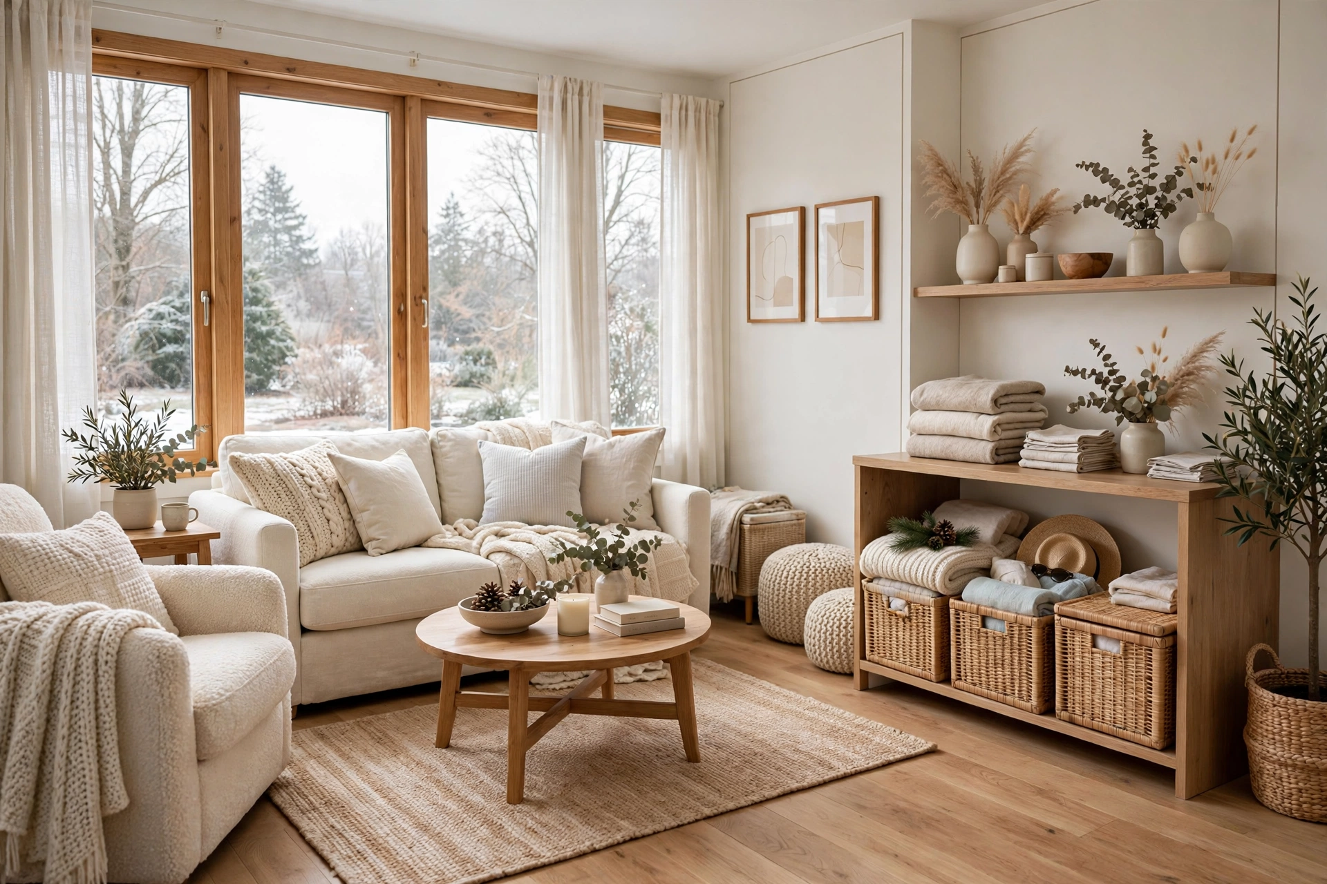 Calm bright small living room in neutral winter tones with summer brights packed away, cozy holiday textures