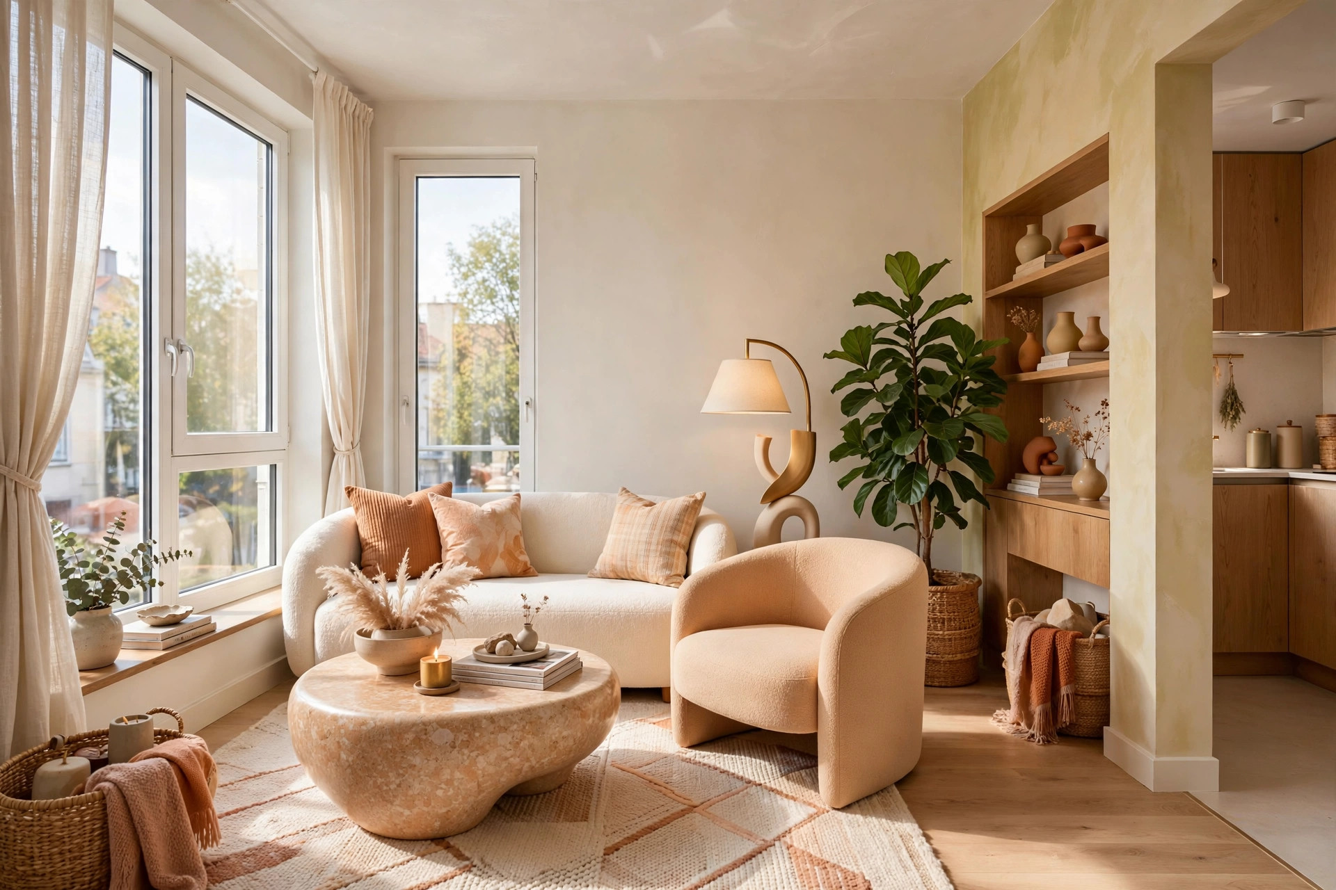 Bright stylish small apartment living room in warm 2026 decor trends style with cream sofa, curved armchair, large plant and sculptural floor lamp