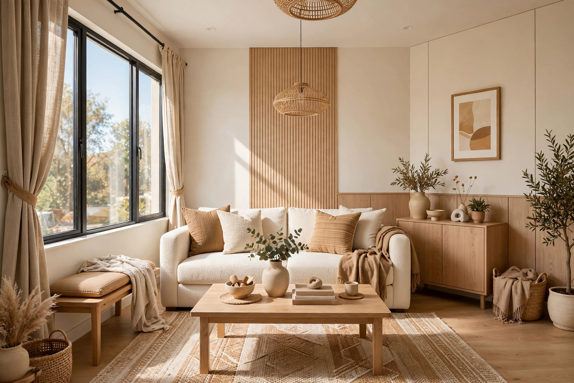 Bright warm minimalist small living room with cream sofa, oatmeal and camel textiles and light oak furniture