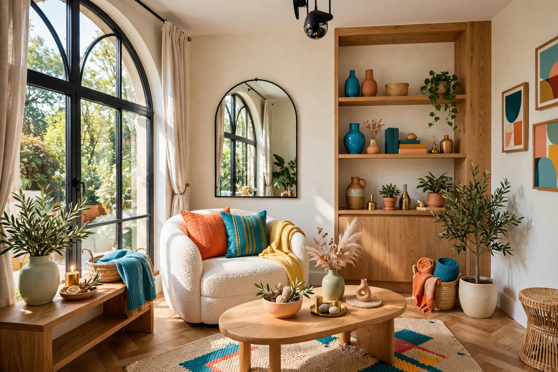 Modern small living room with curved boucle armchair, oval coffee table and arched mirror