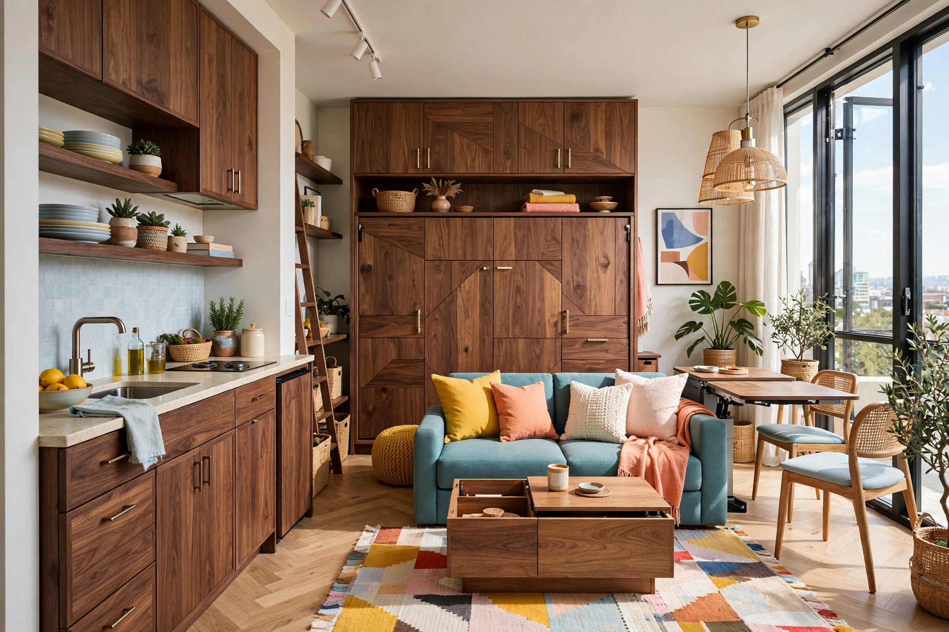 Compact studio apartment with walnut cabinet wall bed and convertible multi-functional furniture
